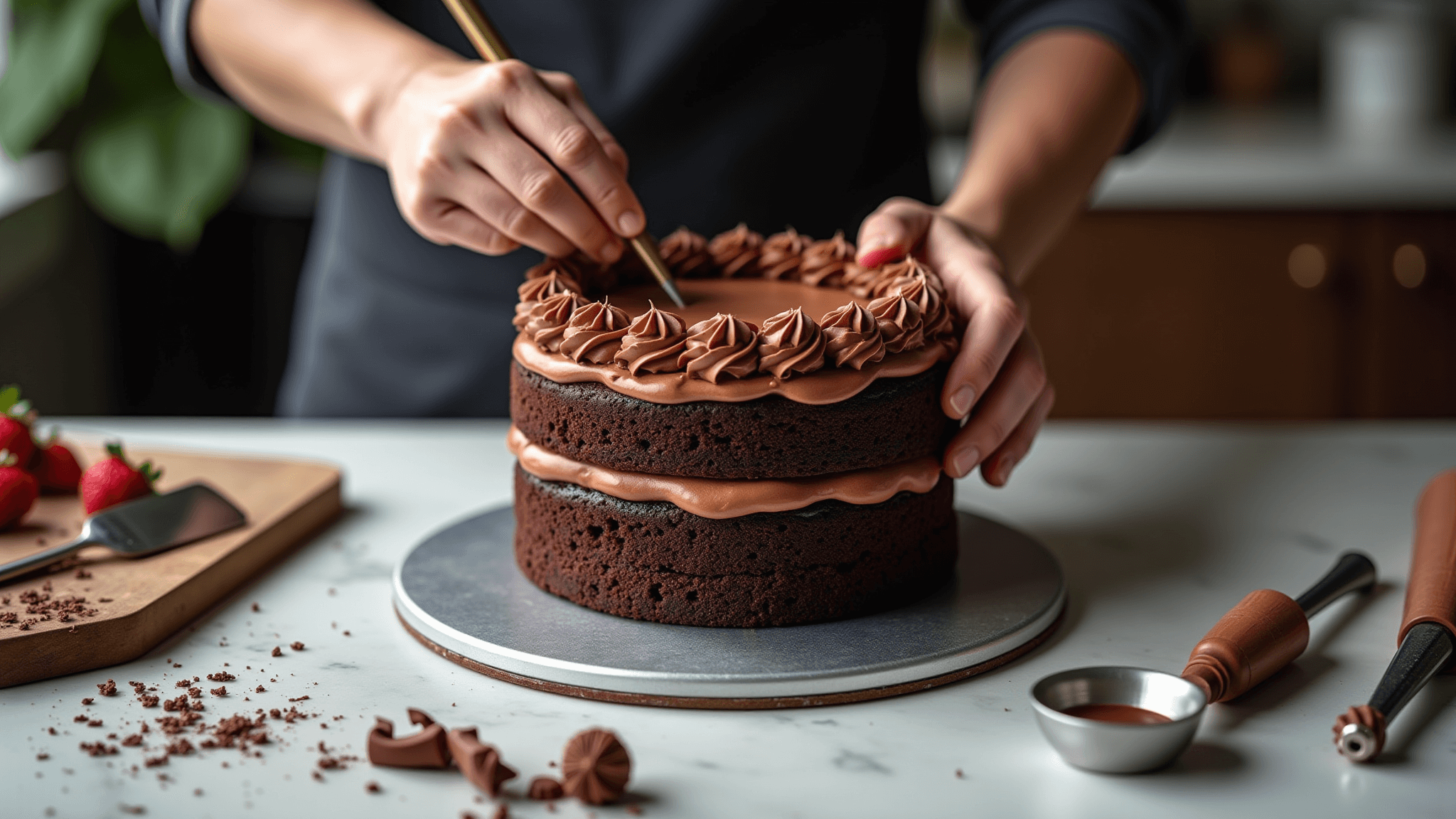 Photorealistic image of a professional cake decorating scene featuring a three-layer chocolate cake with rich chocolate buttercream, surrounded by decorating tools, fresh berries, and chocolate shavings, all set on a marble countertop with soft natural lighting.