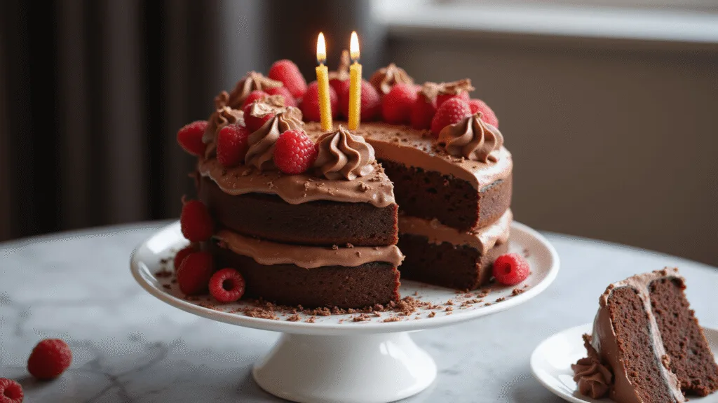 Luxurious two-layer chocolate birthday cake on a white ceramic stand, adorned with fresh raspberries, golden candles, and chocolate decorations, shot in soft natural light with a blurred marble countertop background.
