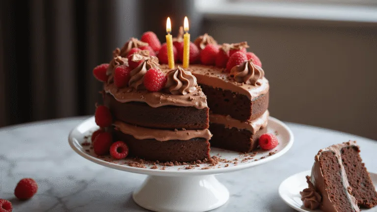 Luxurious two-layer chocolate birthday cake on a white ceramic stand, adorned with fresh raspberries, golden candles, and chocolate decorations, shot in soft natural light with a blurred marble countertop background.