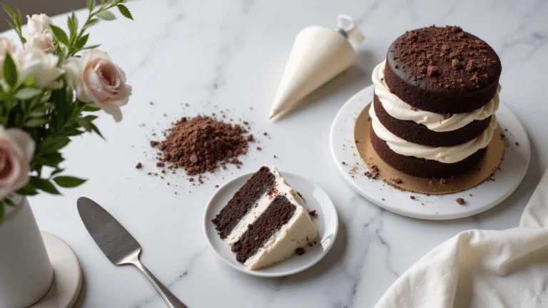 A three-tiered chocolate wedding cake with white buttercream and dark chocolate shavings, being assembled on a white marble countertop, surrounded by pastry tools and adorned with fresh white and blush flowers, captured in hyperrealistic detail with soft natural lighting.