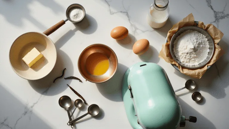 An overhead view of a sunlit marble kitchen counter with arranged baking ingredients, including softened butter, farm-fresh eggs, crystalline sugar, and sifted flour in ceramic bowls, a mint green stand mixer, measuring spoons, a 9-inch cake pan, vanilla bean pods, a wooden sifter, and a glass milk bottle, all beautifully lit and composed.