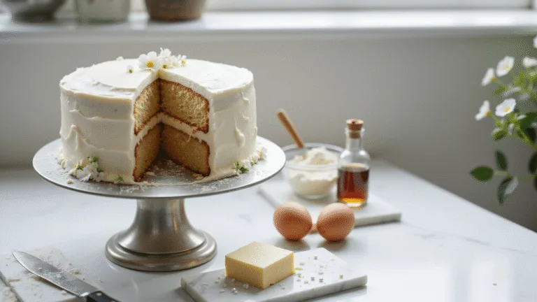 A pristine two-layer white cake on a vintage silver stand atop a white marble countertop, featuring smooth vanilla buttercream frosting and a clean slice showing moist crumb. Scattered baking ingredients include cake flour, fresh eggs, vanilla extract, and softened butter. The scene is enhanced by soft natural lighting and garnished with white flowers and pearl dragées, all captured in hyperrealistic detail.