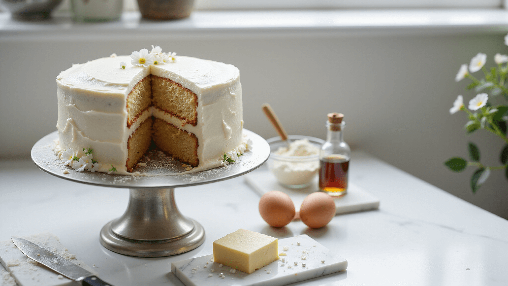 A pristine two-layer white cake on a vintage silver stand atop a white marble countertop, featuring smooth vanilla buttercream frosting and a clean slice showing moist crumb. Scattered baking ingredients include cake flour, fresh eggs, vanilla extract, and softened butter. The scene is enhanced by soft natural lighting and garnished with white flowers and pearl dragées, all captured in hyperrealistic detail.