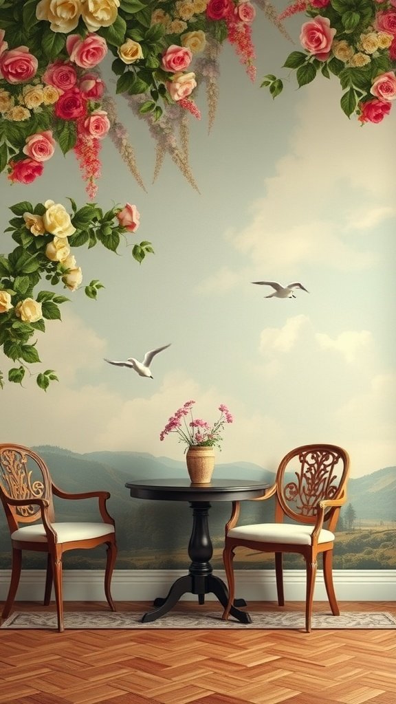 Cozy interior scene with coquette wallpaper featuring roses, a table, and chairs.