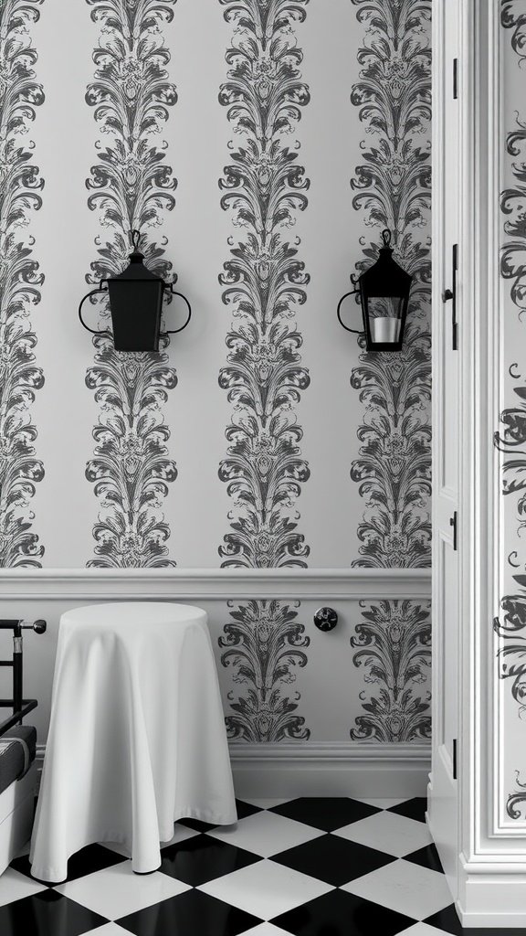 Classic monochrome wallpaper with floral design in black and white