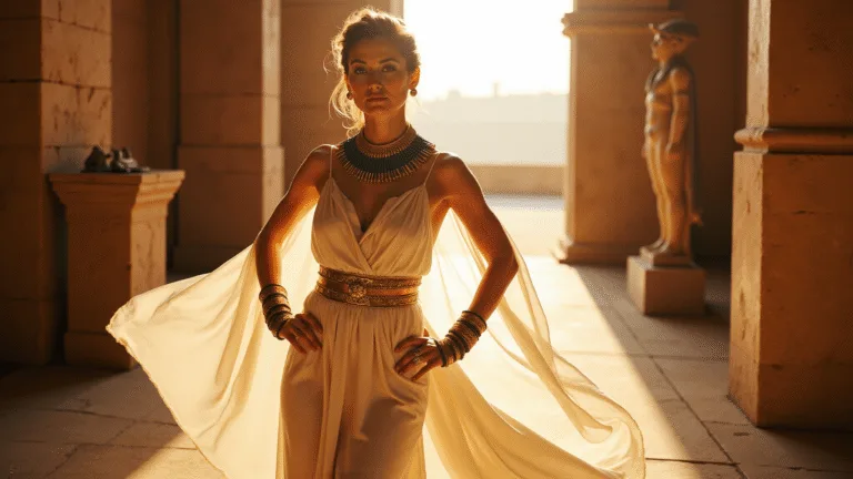 Regal woman in a flowing white silk dress with gold accents, adorned with Egyptian jewelry, posing in a sunlit museum gallery surrounded by ancient artifacts and limestone columns.