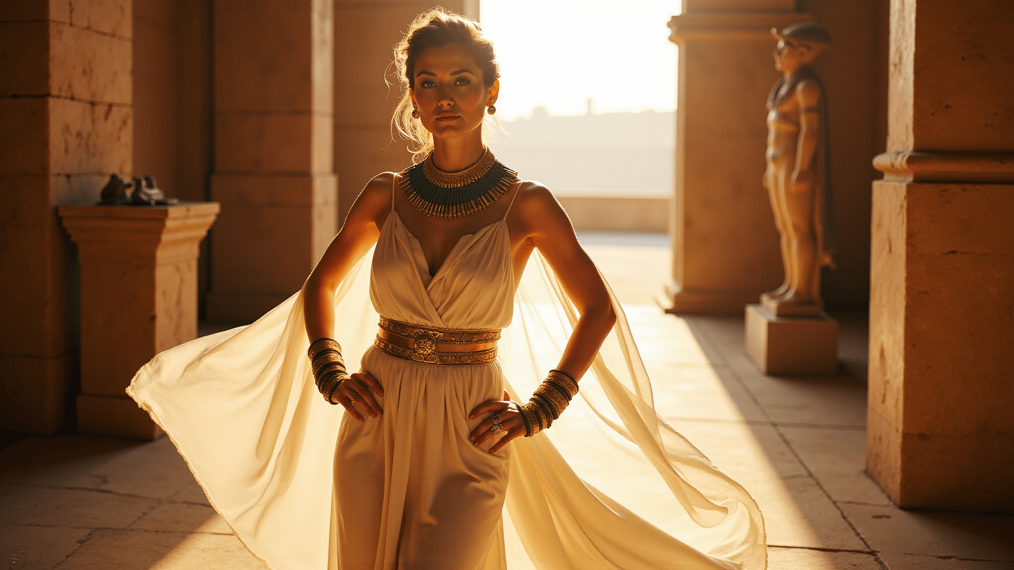 Regal woman in a flowing white silk dress with gold accents, adorned with Egyptian jewelry, posing in a sunlit museum gallery surrounded by ancient artifacts and limestone columns.