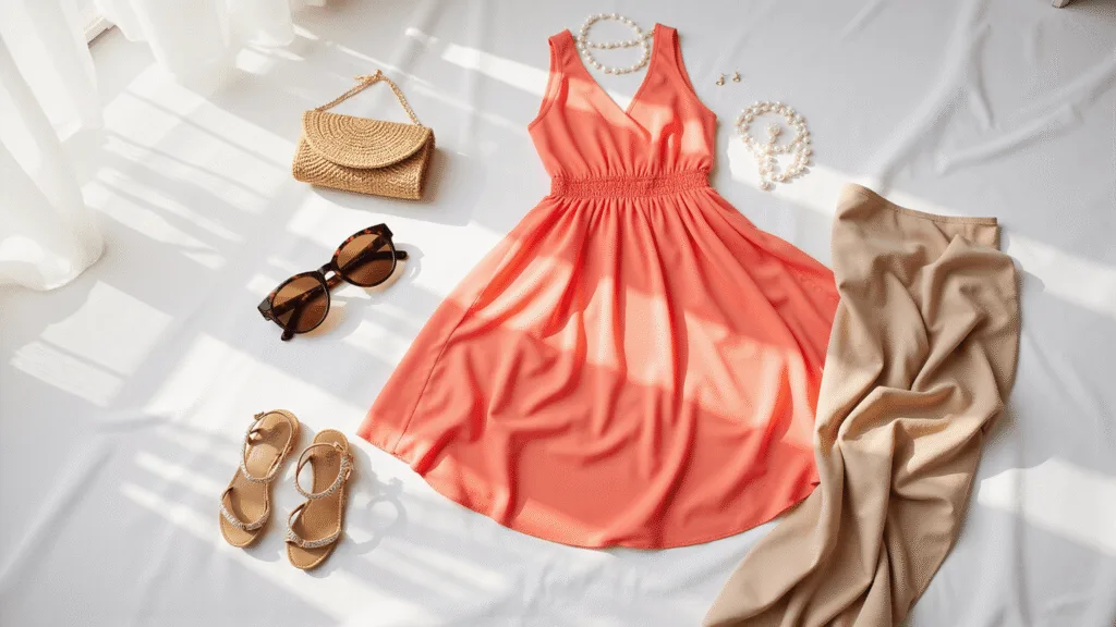 Flat lay of a coral chiffon maxi dress on white linen, accompanied by a straw clutch, pearl drop earrings, metallic sandals, oversized tortoiseshell sunglasses, and a champagne silk wrap, with soft shadows from natural sunlight.