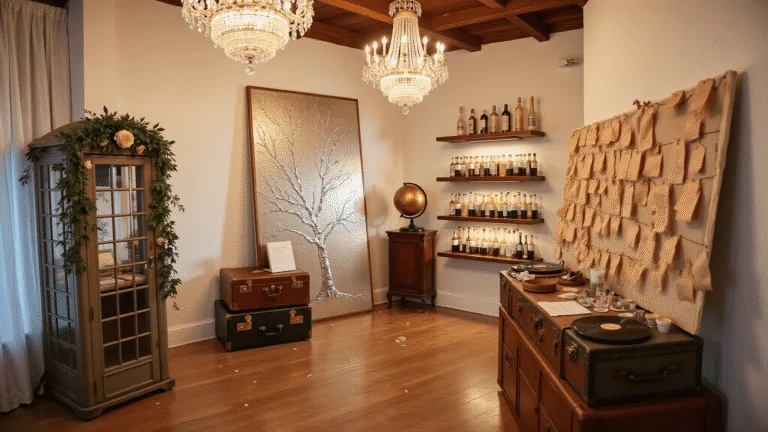 A luxurious wedding reception featuring creative guest book stations, including a vintage telephone booth audio recording station, a thumbprint tree canvas, an antique globe and suitcases vignette, and a mid-century record player display, all set in an elegantly decorated space with soft ambient lighting and rose petals.
