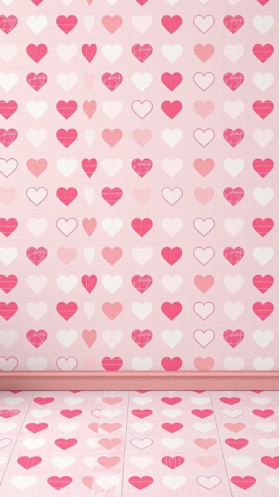 A wallpaper design featuring pink and white hearts in various styles, creating a playful and charming look.