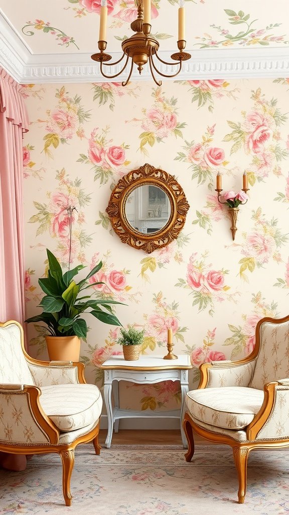A cozy room featuring coquette wallpaper with pink roses, vintage chairs, and a decorative mirror.