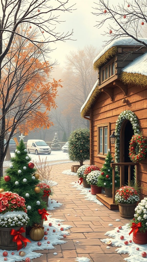 A cozy cabin decorated for winter with Christmas trees, flowers, and snow.