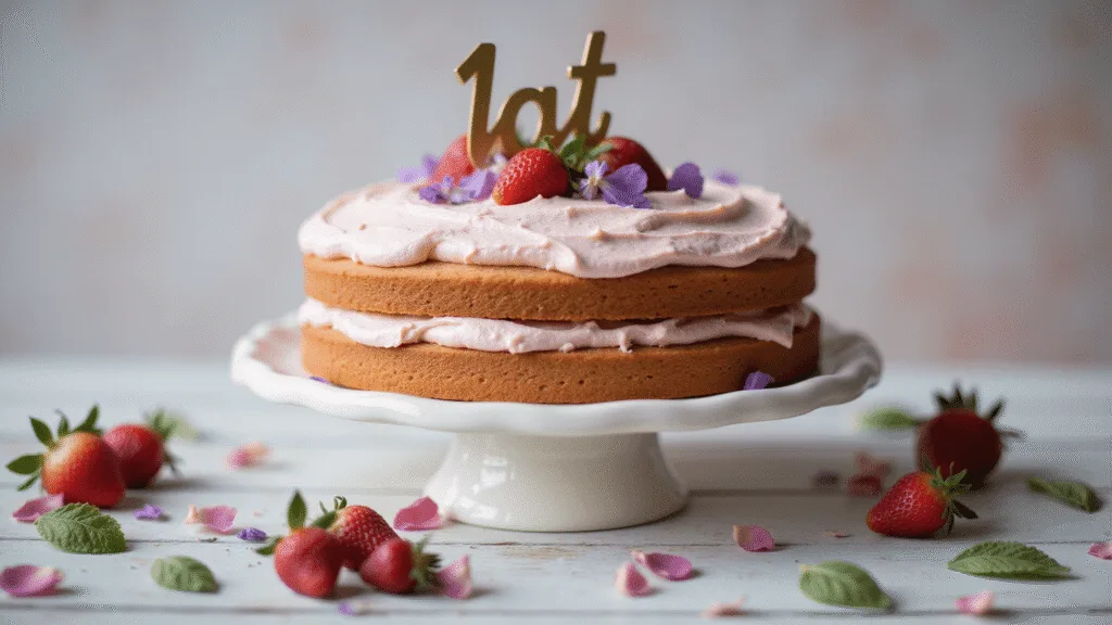 A delicate 6-inch birthday smash cake with light pink whipped cream frosting, fresh strawberries, and edible flowers on an antique ceramic stand, set against a softly blurred rustic wooden background, styled in a dreamy cottagecore aesthetic.