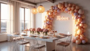 A photorealistic image of a modern minimalist loft party featuring a marble dining table with pastel floral arrangements, blush velvet ghost chairs, gold-rimmed tableware, and a pastel balloon installation, all illuminated by soft ambient lighting during golden hour.