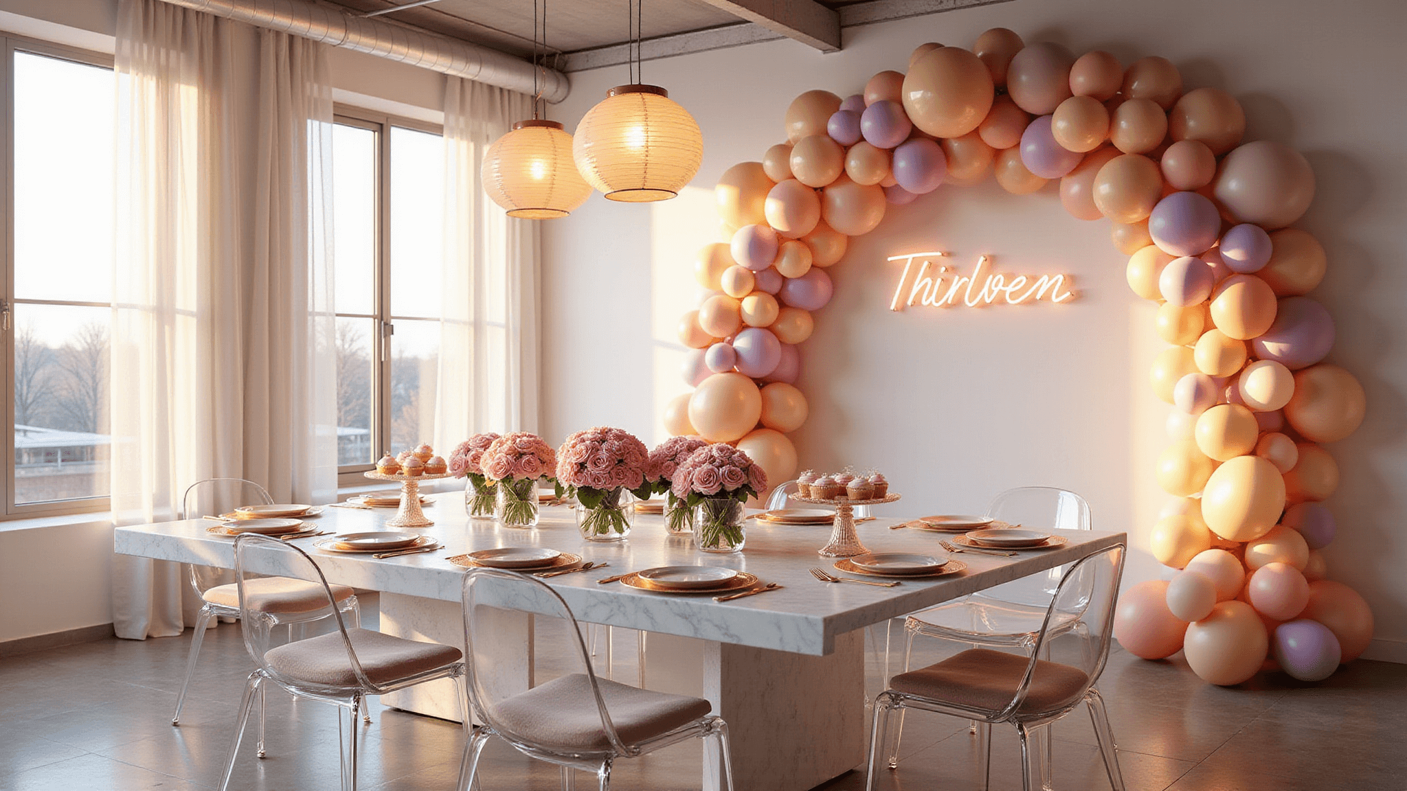A photorealistic image of a modern minimalist loft party featuring a marble dining table with pastel floral arrangements, blush velvet ghost chairs, gold-rimmed tableware, and a pastel balloon installation, all illuminated by soft ambient lighting during golden hour.