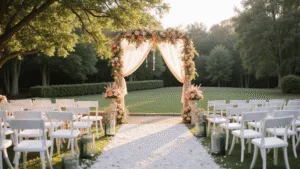 A romantic garden wedding ceremony at golden hour, featuring rows of white chairs, a floral-draped wooden arch, and warm sunlight filtering through sheer fabric, creating an ethereal atmosphere with crystal chandeliers and fairy lights.