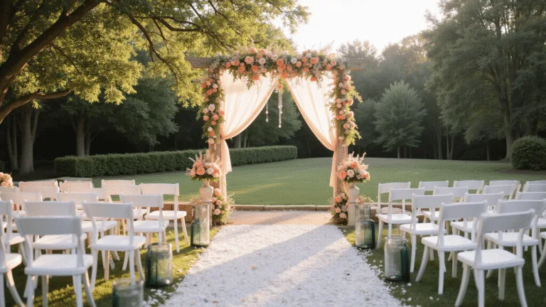 A romantic garden wedding ceremony at golden hour, featuring rows of white chairs, a floral-draped wooden arch, and warm sunlight filtering through sheer fabric, creating an ethereal atmosphere with crystal chandeliers and fairy lights.