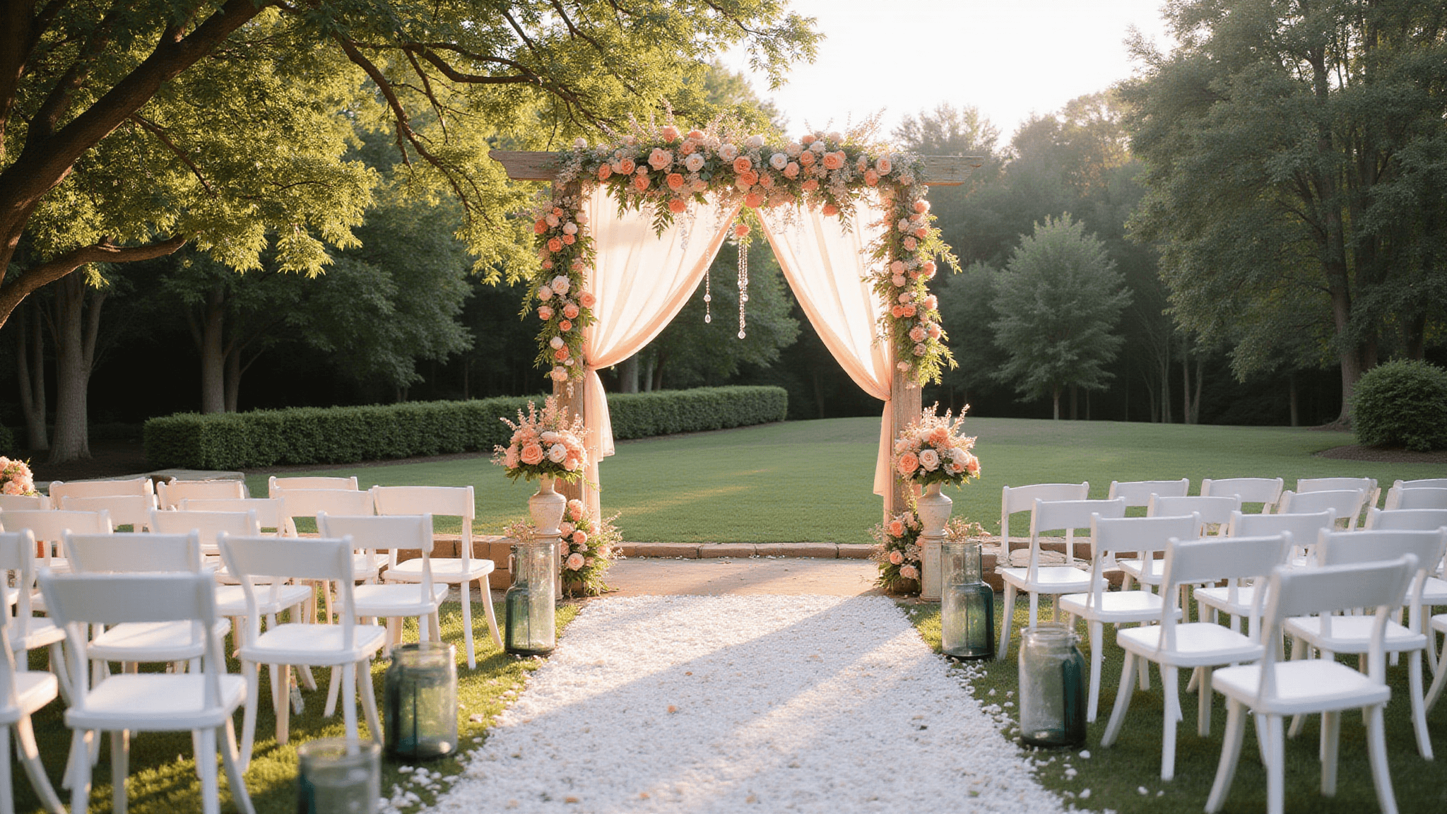 A romantic garden wedding ceremony at golden hour, featuring rows of white chairs, a floral-draped wooden arch, and warm sunlight filtering through sheer fabric, creating an ethereal atmosphere with crystal chandeliers and fairy lights.
