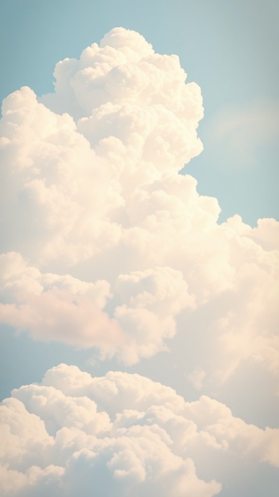 Soft fluffy clouds against a pale blue sky