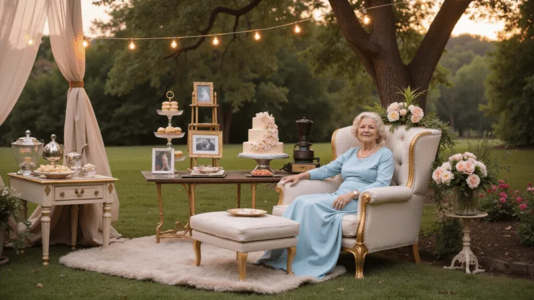An elegantly dressed 90-year-old woman in a vintage blue dress sits in a plush ivory armchair amidst a luxurious garden party, featuring a golden anniversary cake, a chocolate fountain, and twinkling lights, creating an intimate, nostalgic atmosphere.