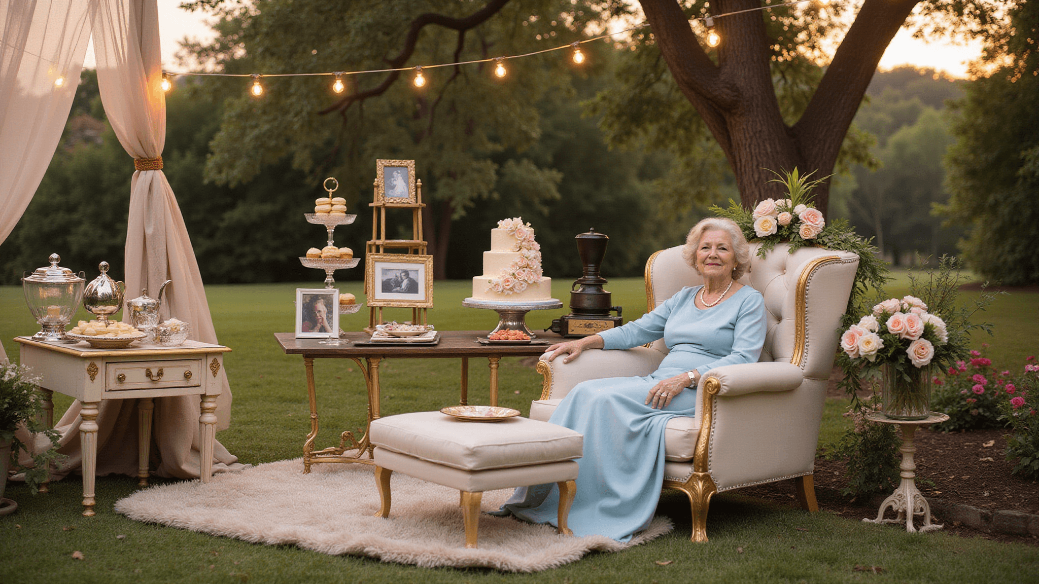 An elegantly dressed 90-year-old woman in a vintage blue dress sits in a plush ivory armchair amidst a luxurious garden party, featuring a golden anniversary cake, a chocolate fountain, and twinkling lights, creating an intimate, nostalgic atmosphere.