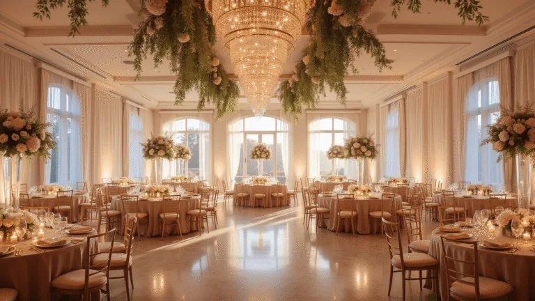 A luxurious ballroom wedding reception featuring elegant blush silk-covered tables, towering floral centerpieces, and warm golden lighting from crystal chandeliers, with a marble dance floor and vintage lounge areas.