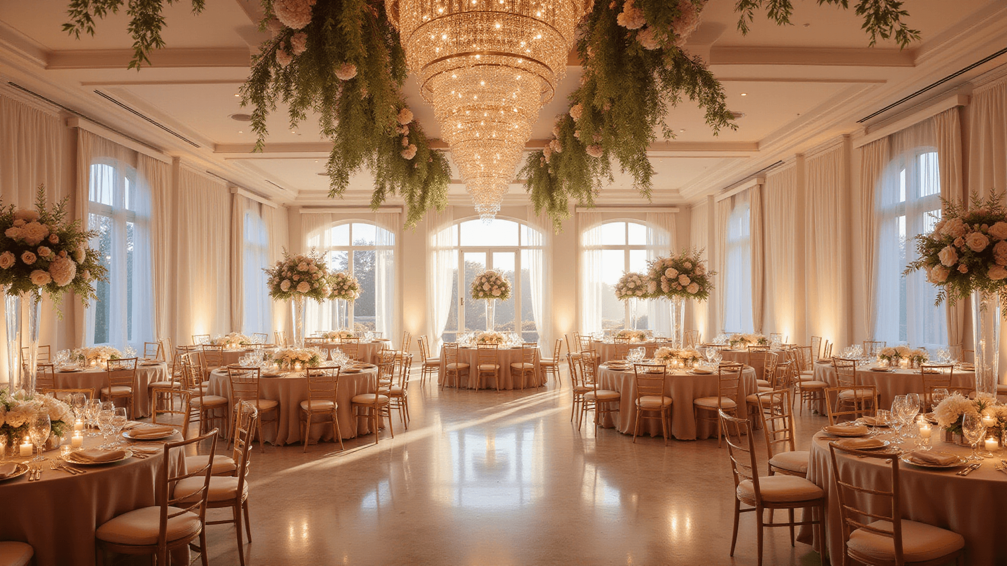 A luxurious ballroom wedding reception featuring elegant blush silk-covered tables, towering floral centerpieces, and warm golden lighting from crystal chandeliers, with a marble dance floor and vintage lounge areas.