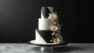 Elegant three-tiered wedding cake in black and white, featuring geometric patterns and delicate sugar flowers, displayed on a silver pedestal with dramatic lighting and a marble background.