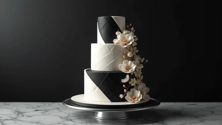 Elegant three-tiered wedding cake in black and white, featuring geometric patterns and delicate sugar flowers, displayed on a silver pedestal with dramatic lighting and a marble background.