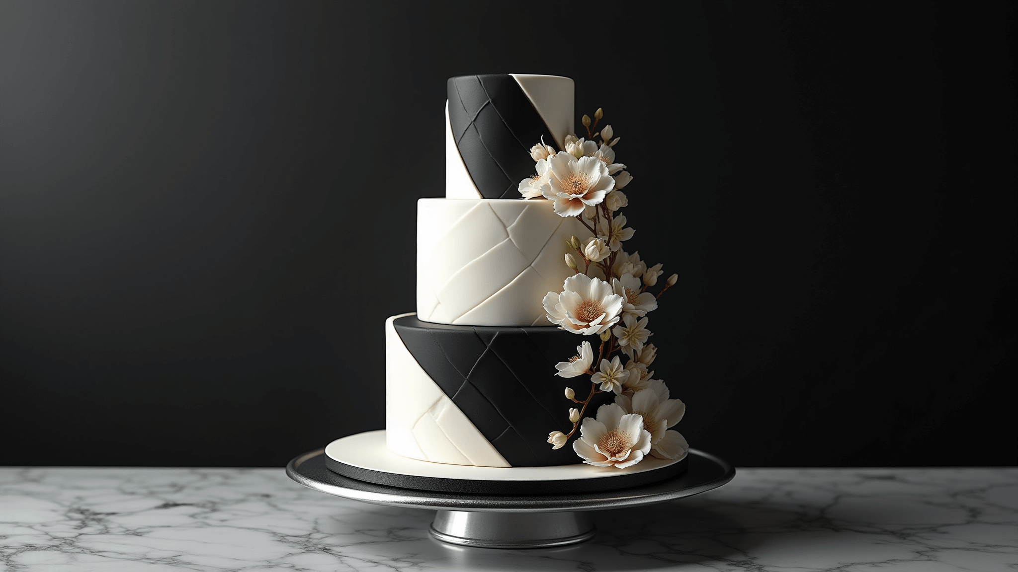 Elegant three-tiered wedding cake in black and white, featuring geometric patterns and delicate sugar flowers, displayed on a silver pedestal with dramatic lighting and a marble background.