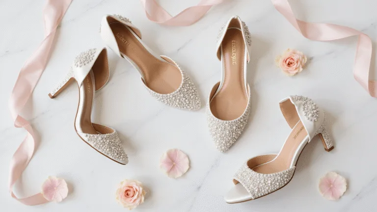 Elegant bridal shoes collection displayed on white marble, featuring block heels and pearl-adorned flats with crystal embellishments, accented by blush silk ribbons and scattered rose petals.