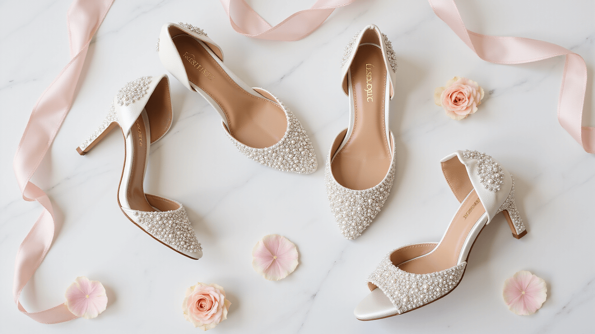 Elegant bridal shoes collection displayed on white marble, featuring block heels and pearl-adorned flats with crystal embellishments, accented by blush silk ribbons and scattered rose petals.
