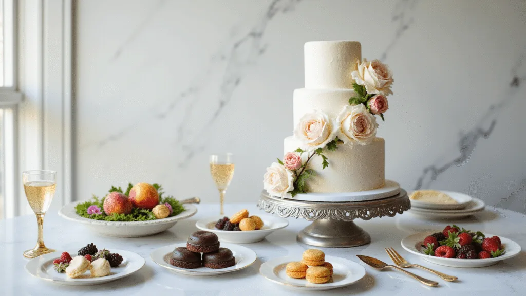 A luxurious 4-tier wedding cake on a silver stand, adorned with sugar flowers and flavor sample plates, set against a marble backdrop with natural lighting.