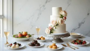 A luxurious 4-tier wedding cake on a silver stand, adorned with sugar flowers and flavor sample plates, set against a marble backdrop with natural lighting.