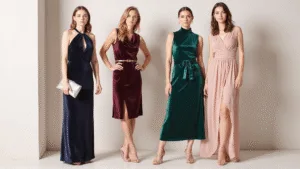The Ultimate Guide to Nailing Cocktail Dress Style for Wedding Guests A collection of elegant cocktail dresses in jewel tones and pastels, featuring emerald satin, burgundy velvet, and dusty rose chiffon, styled with metallic accessories against a minimalist studio backdrop.