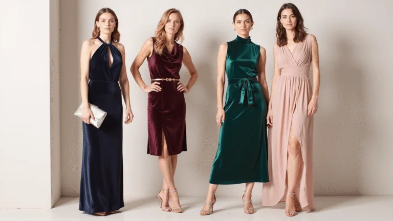 A collection of elegant cocktail dresses in jewel tones and pastels, featuring emerald satin, burgundy velvet, and dusty rose chiffon, styled with metallic accessories against a minimalist studio backdrop.