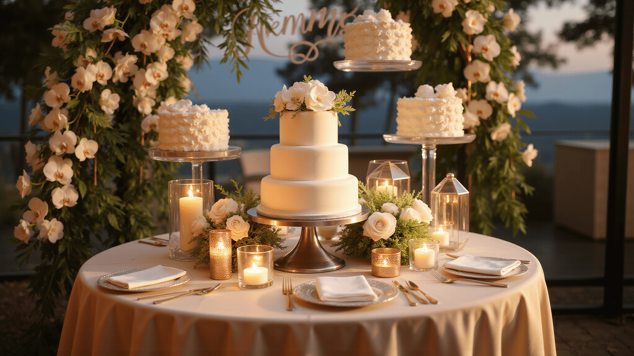 A luxurious wedding cake display on a champagne silk-draped table, featuring a three-tiered white cake with floral accents, surrounded by candlelight and modern geometric elements, all captured in soft golden hour lighting.