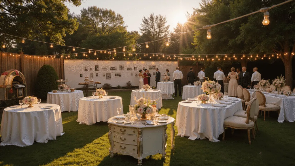 A sophisticated garden party for an 80th birthday celebration, featuring circular tables with white linens, floral centerpieces, string lights, a timeline of sepia-toned photos, a vintage jukebox, and guests in period attire enjoying an ornate dessert cart, all captured in warm golden hour light.