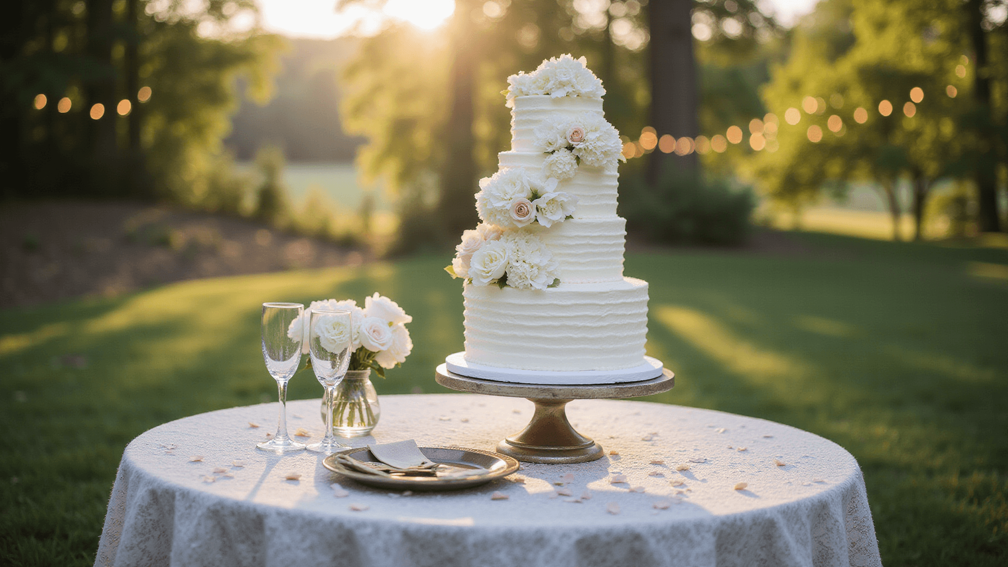 A grand four-tier white wedding cake adorned with cascading hydrangeas and garden roses on an antique wooden table, with delicate lace, scattered rose petals, and champagne flutes, illuminated by natural sunlight in a sophisticated garden setting.