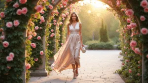 Elegant woman in a flowing champagne satin dress walking through rose archways at golden hour, with soft lighting and a blurred background.