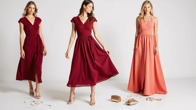 Three elegant red dresses—wine-colored wrap dress, cherry-red midi with cap sleeves, and coral A-line dress—arranged on a white backdrop with gold and silver accessories, shot in soft natural lighting from a 45-degree elevated angle.