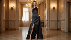The Perfect Black Dress: What to Wear as a Wedding Guest A model in a sophisticated black satin one-shoulder gown with a side slit, adorned with crystal drop earrings, poses in an elegant ballroom illuminated by warm chandelier lighting.