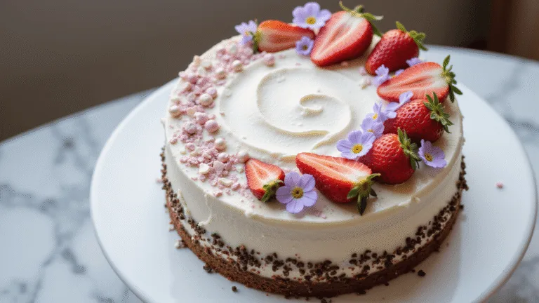 Photorealistic overhead shot of an elegant two-layer celebration cake garnished with fresh pink strawberries and purple edible flowers, displayed on a white ceramic cake stand with a blurred marble countertop background.