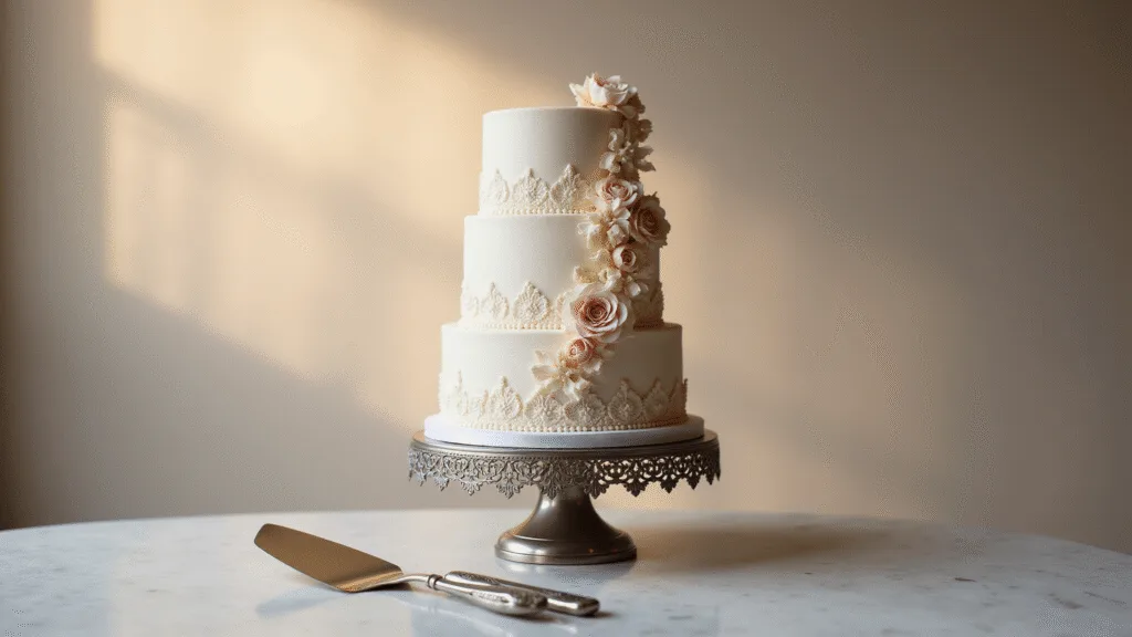Luxurious three-tier wedding cake on ornate silver pedestal, featuring smooth ivory buttercream and cascading blush pink and ivory sugar flowers, with pearl detailing and lace-like piping, in soft golden hour lighting.