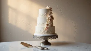 Luxurious three-tier wedding cake on ornate silver pedestal, featuring smooth ivory buttercream and cascading blush pink and ivory sugar flowers, with pearl detailing and lace-like piping, in soft golden hour lighting.