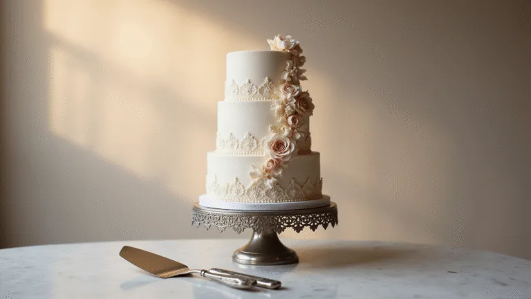 Luxurious three-tier wedding cake on ornate silver pedestal, featuring smooth ivory buttercream and cascading blush pink and ivory sugar flowers, with pearl detailing and lace-like piping, in soft golden hour lighting.