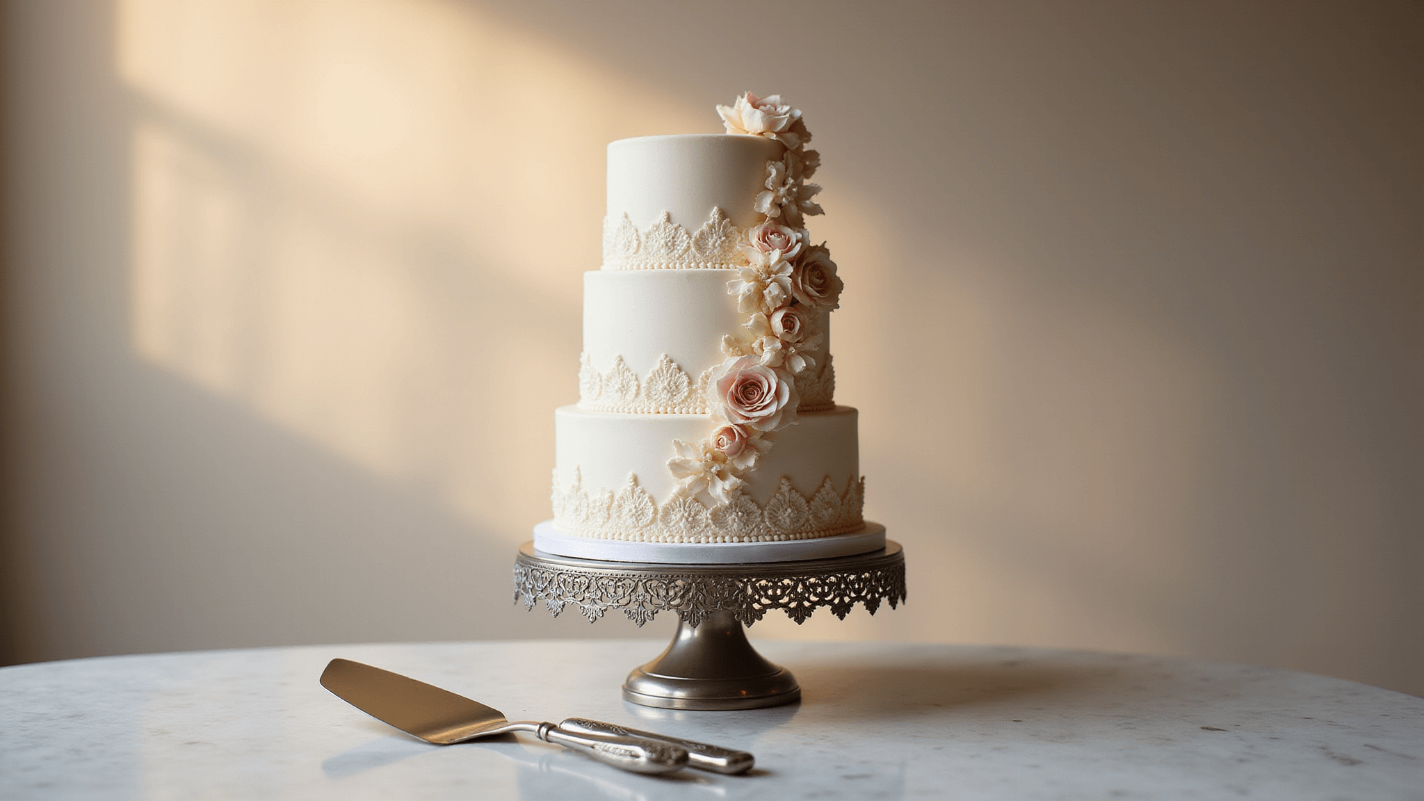 Luxurious three-tier wedding cake on ornate silver pedestal, featuring smooth ivory buttercream and cascading blush pink and ivory sugar flowers, with pearl detailing and lace-like piping, in soft golden hour lighting.