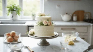 A beautifully arranged two-tier wedding cake on a marble countertop, adorned with fresh roses and baby's breath, surrounded by baking ingredients and tools, in a bright, airy kitchen filled with natural light.