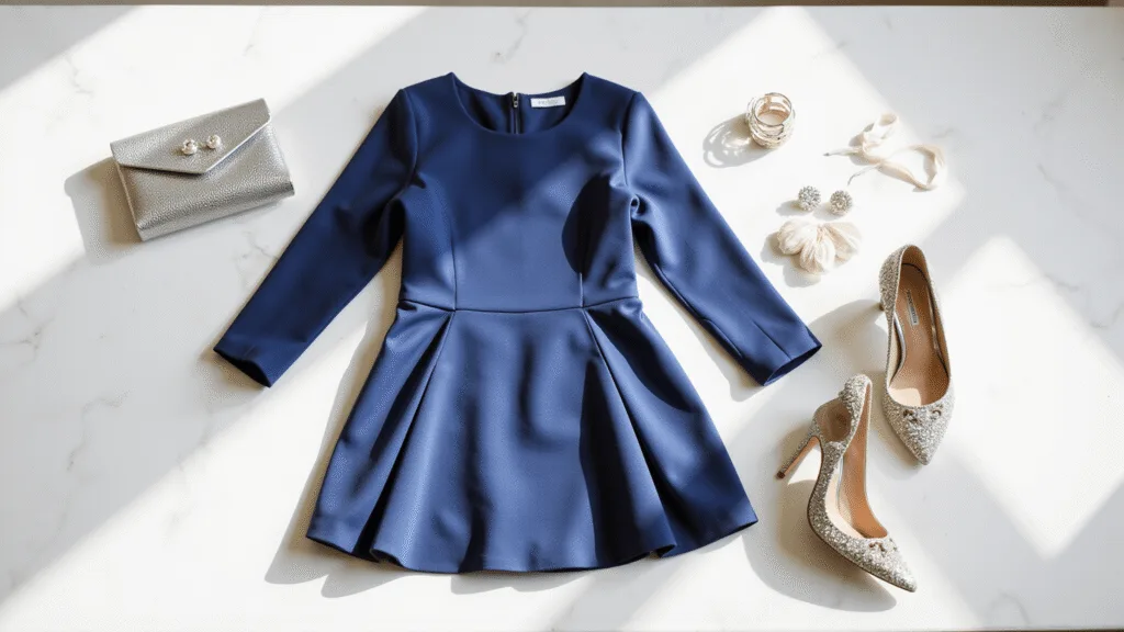 High-end fashion flatlay of a navy mini dress, crystal-embellished silver pumps, delicate earrings, and metallic clutch on a white marble surface, styled with pearl hairpins and silk ribbon in natural daylight.