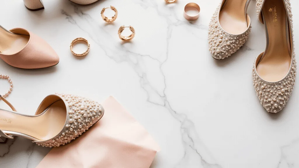 Elegant flat lay of luxury wedding guest shoes on a white marble surface, featuring champagne block heels, pearl-embellished flats, and velvet smoking slippers, with rose gold accessories and blush tissue paper accentuating the composition.